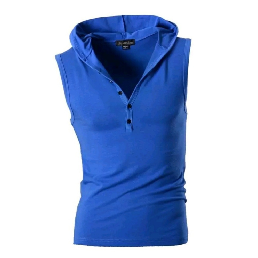 Blue Henley Polo Tank Shirt Stretchy Fitness Hood